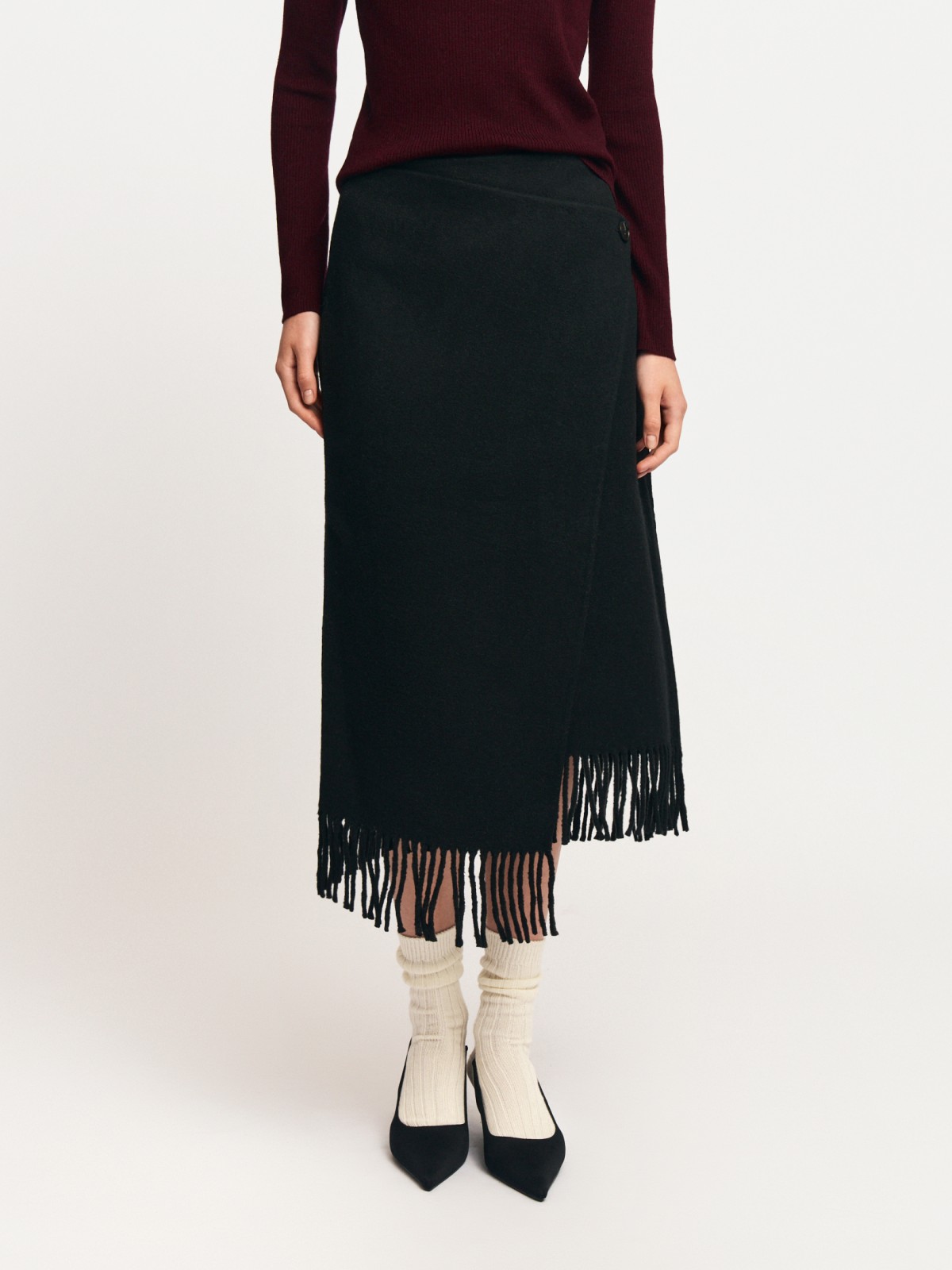 Шерстяная юбка-плед с запахом и бахромой