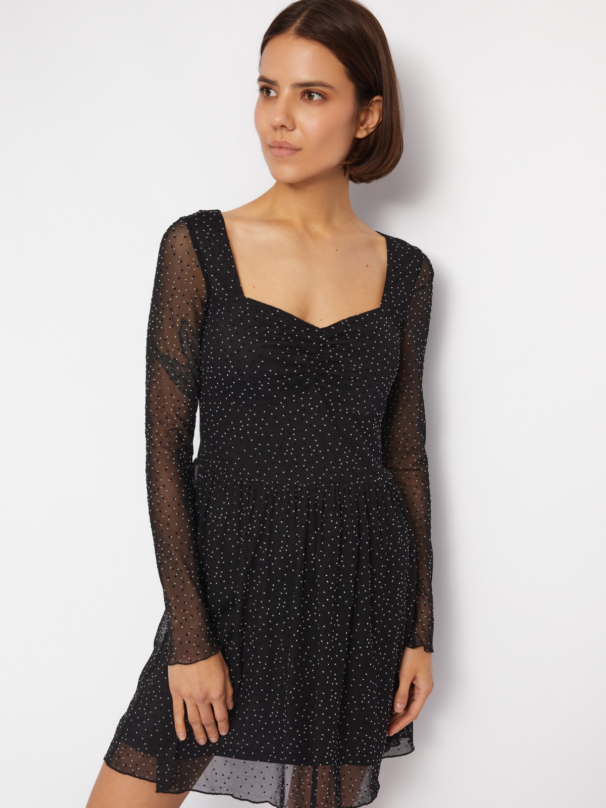Платье мини в горошек из сетки с вырезом с драпировкой zolla 024138159021, цвет черный, размер XS