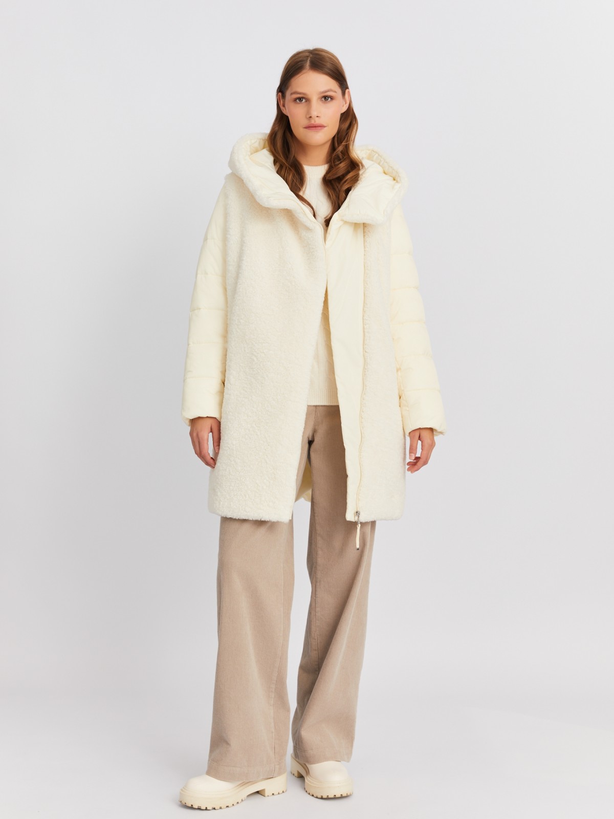 Тёплая куртка-пальто с капюшоном и отделкой из экомеха zolla 022425212164, цвет молоко, размер L - фото 2