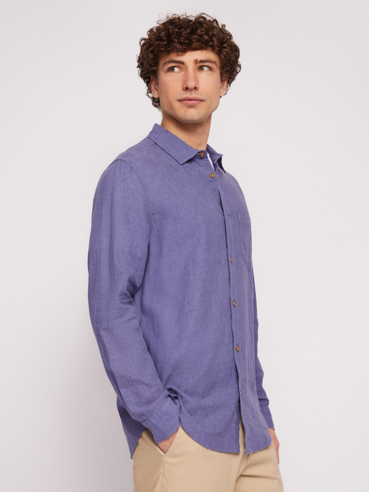 Льняная офисная рубашка прямого силуэта с карманом zolla 014212159013, цвет фиолетовый, размер XL - фото 4