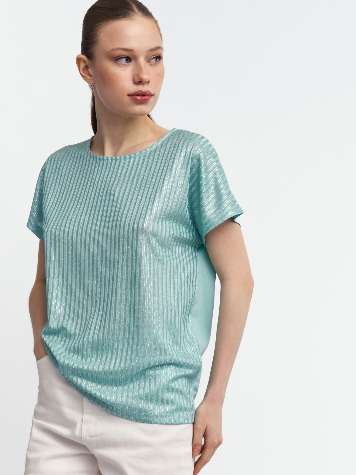 Трикотажный комбинированный топ-блузка с блеском