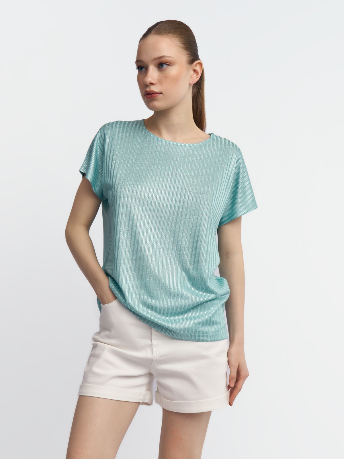 Трикотажный комбинированный топ-блузка с блеском