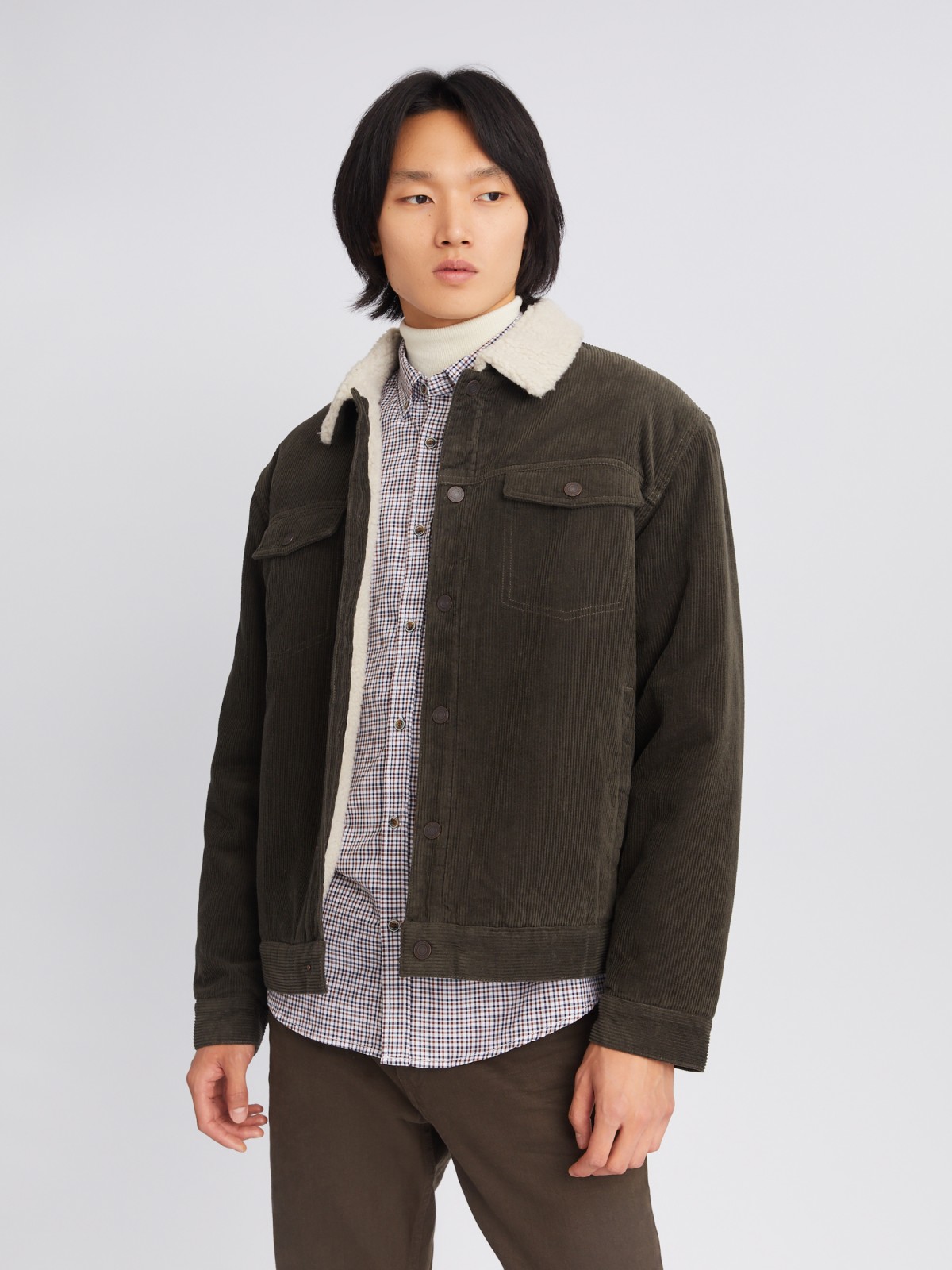 Утеплённая вельветовая куртка zolla 01233516Y124, цвет хаки, размер S