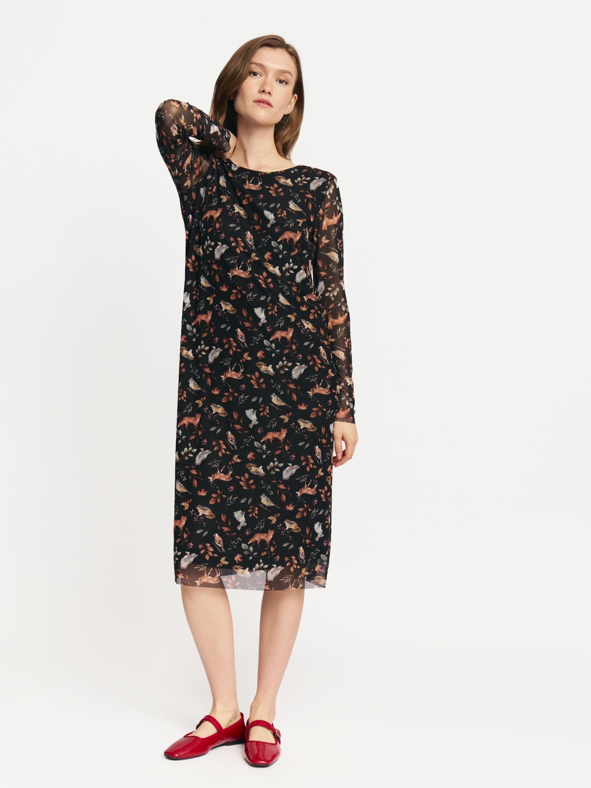 Платье миди из сетки с лесным принтом