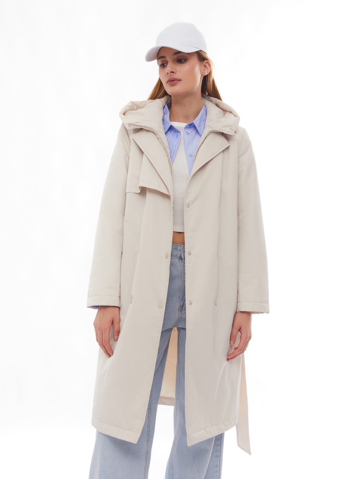 Утеплённое пальто на синтепоне с капюшоном и вшитой манишкой zolla 02412520L124, цвет молоко, размер XS