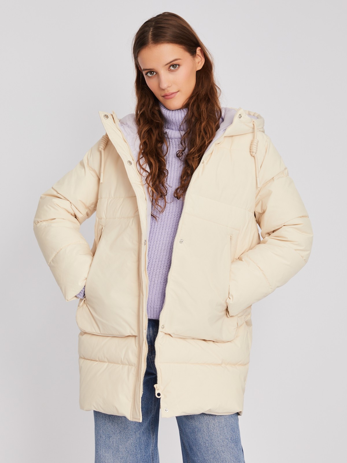 Тёплая стёганая куртка-пальто с капюшоном zolla 023345202114, цвет молоко, размер XS