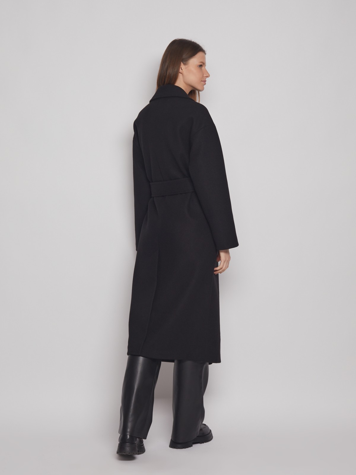 Двубортное пальто с поясом zolla 023125857054, цвет черный, размер XS - фото 5