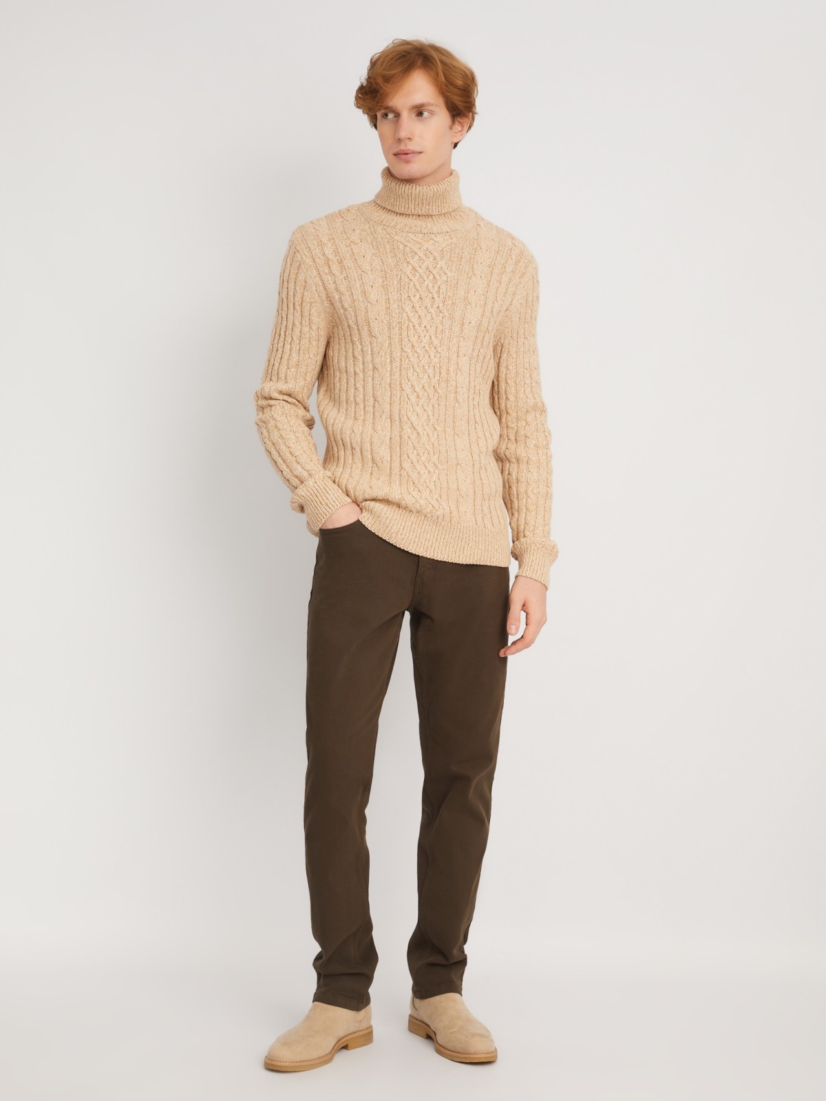 Вязаный свитер с фактурным узором косы zolla 013446165093, цвет коричневый, размер S - фото 2