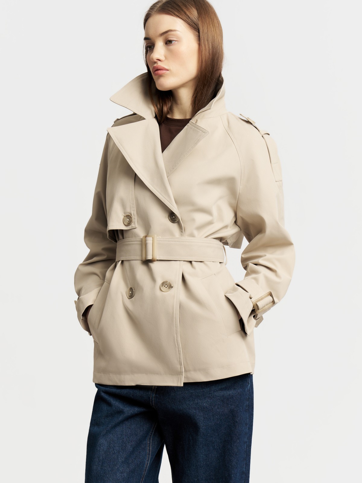 Двубортная куртка-тренч с поясом