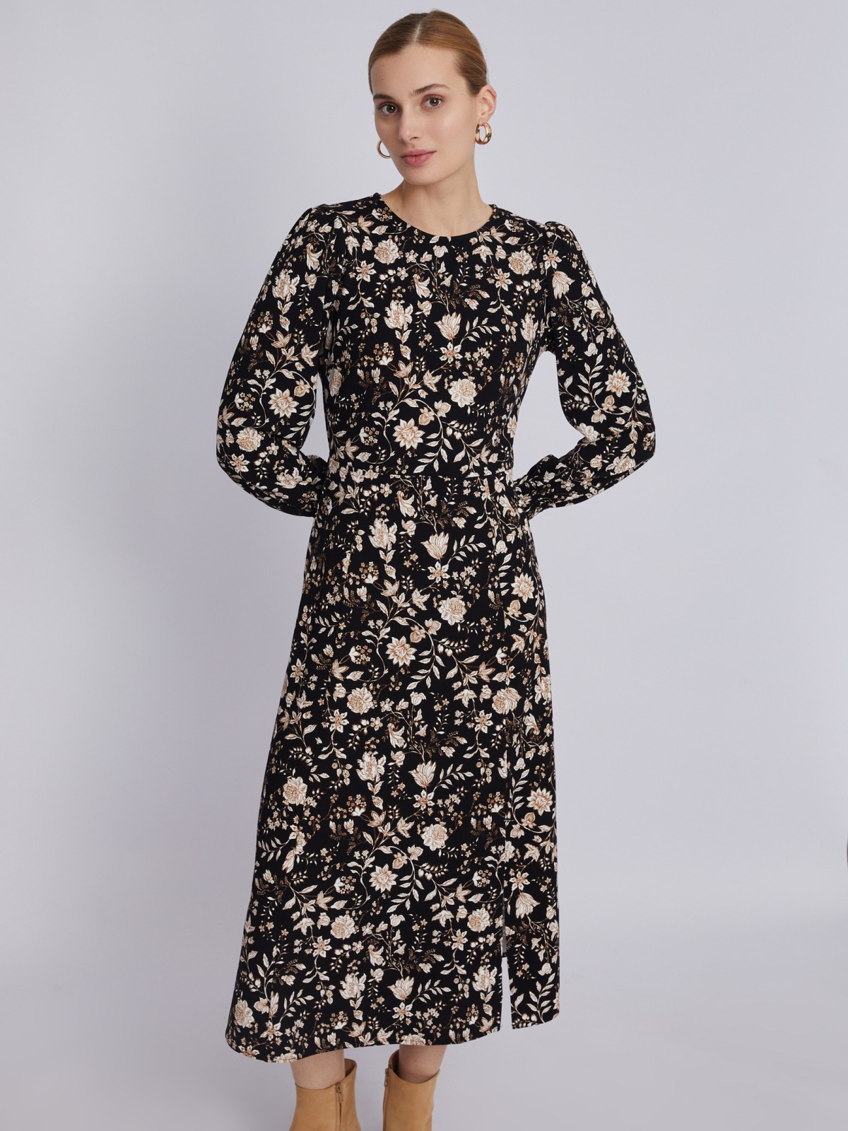 Приталенное платье длины миди с цветочным принтом и разрезом на подоле zolla 223338159103, размер XL