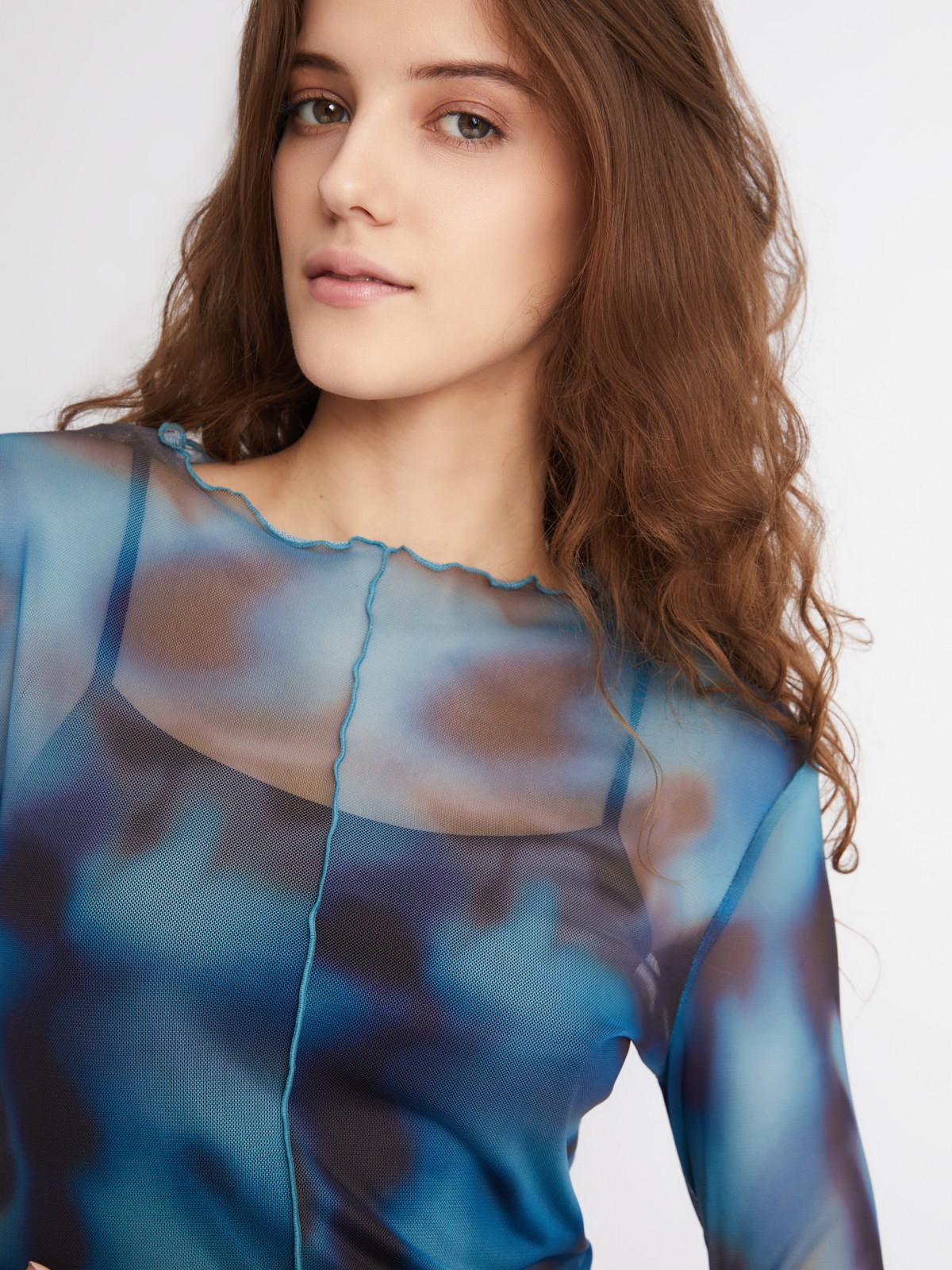 Платье из сетчатой ткани длины миди с акцентным принтом и фактурными строчками zolla 223338155111, цвет голубой, размер S - фото 4