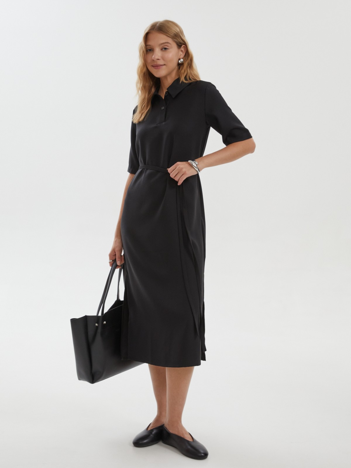 Платье миди с воротником и коротким рукавом