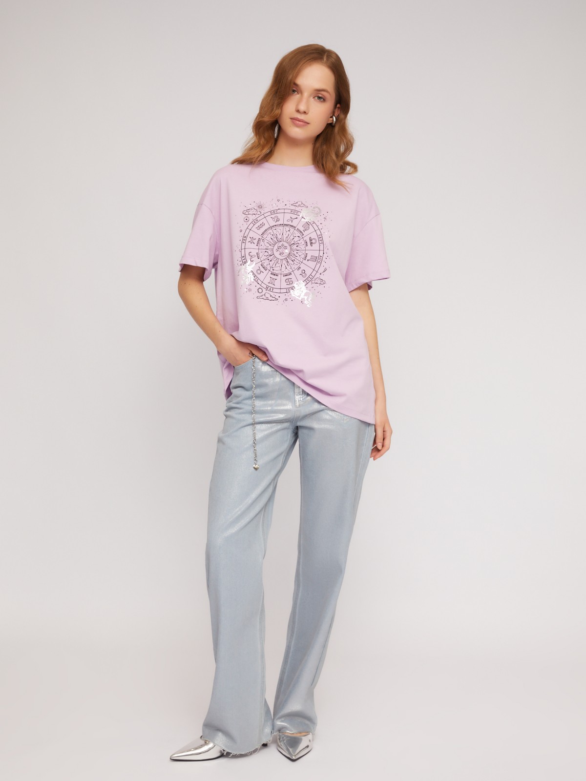 Трикотажная футболка из хлопка с принтом zolla N2424320W183, цвет лиловый, размер XS - фото 2