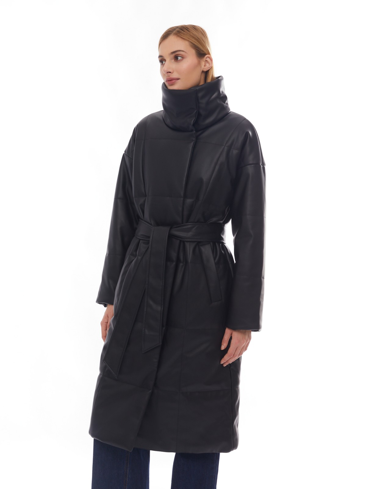 Тёплое пальто из экокожи на синтепоне с воротником-стойкой и поясом zolla 02412522N034, цвет черный, размер XS - фото 3