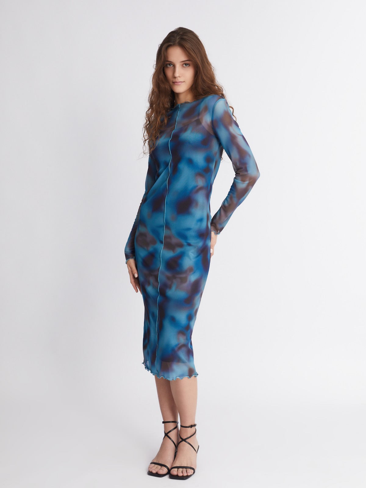 Платье из сетчатой ткани длины миди с акцентным принтом и фактурными строчками zolla 223338155111, цвет голубой, размер S - фото 2