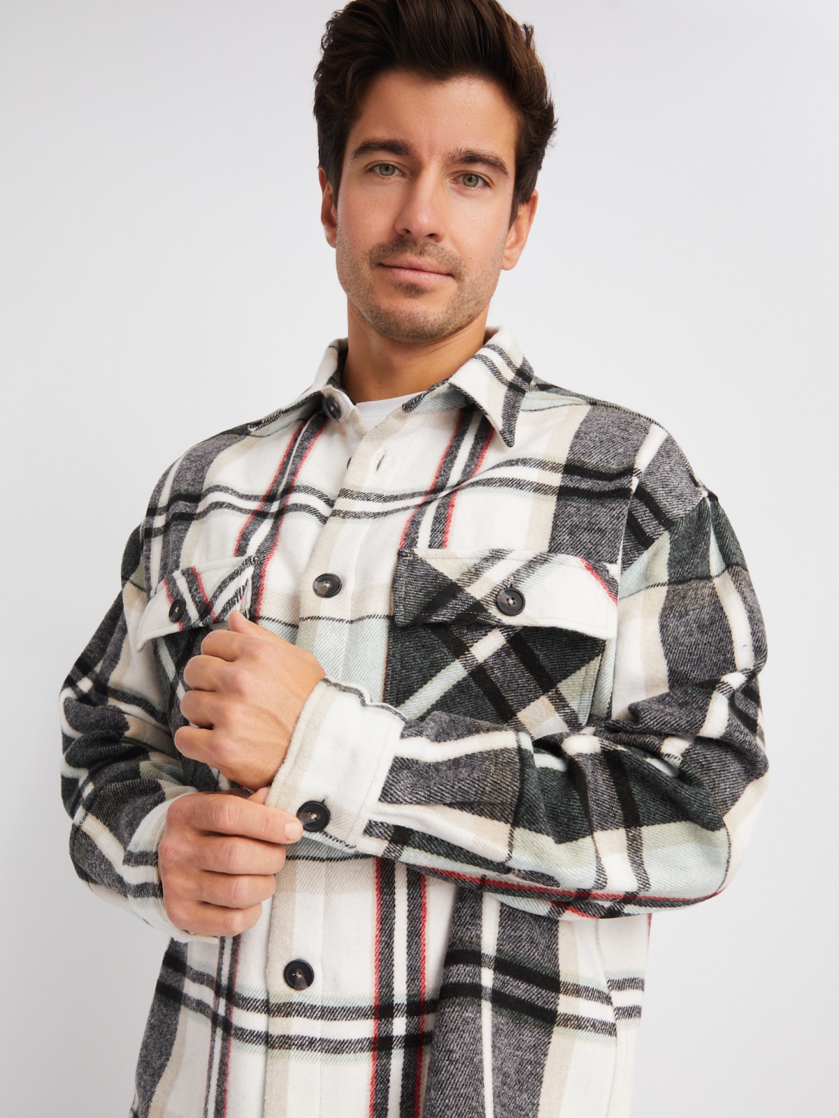 Куртка-рубашка из хлопка с длинным рукавом и узором в клетку zolla 014122159153, цвет мятный, размер S - фото 3