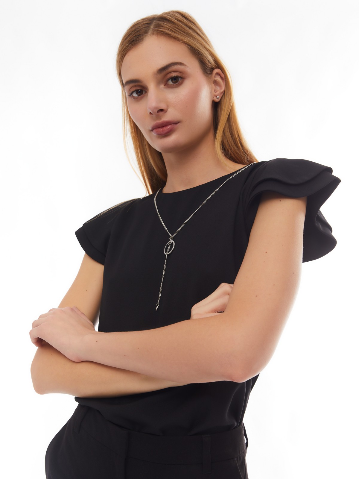 Топ-блузка с цепочкой и воланами на рукавах zolla 024131259033, цвет черный, размер XS