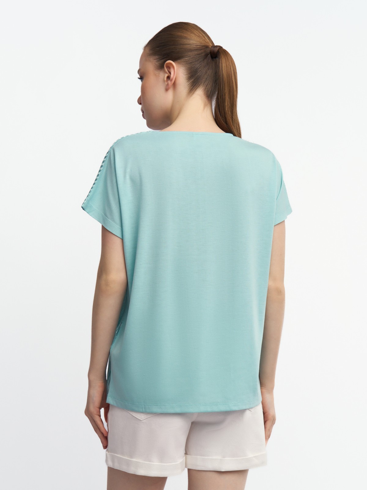 Трикотажный комбинированный топ-блузка с блеском