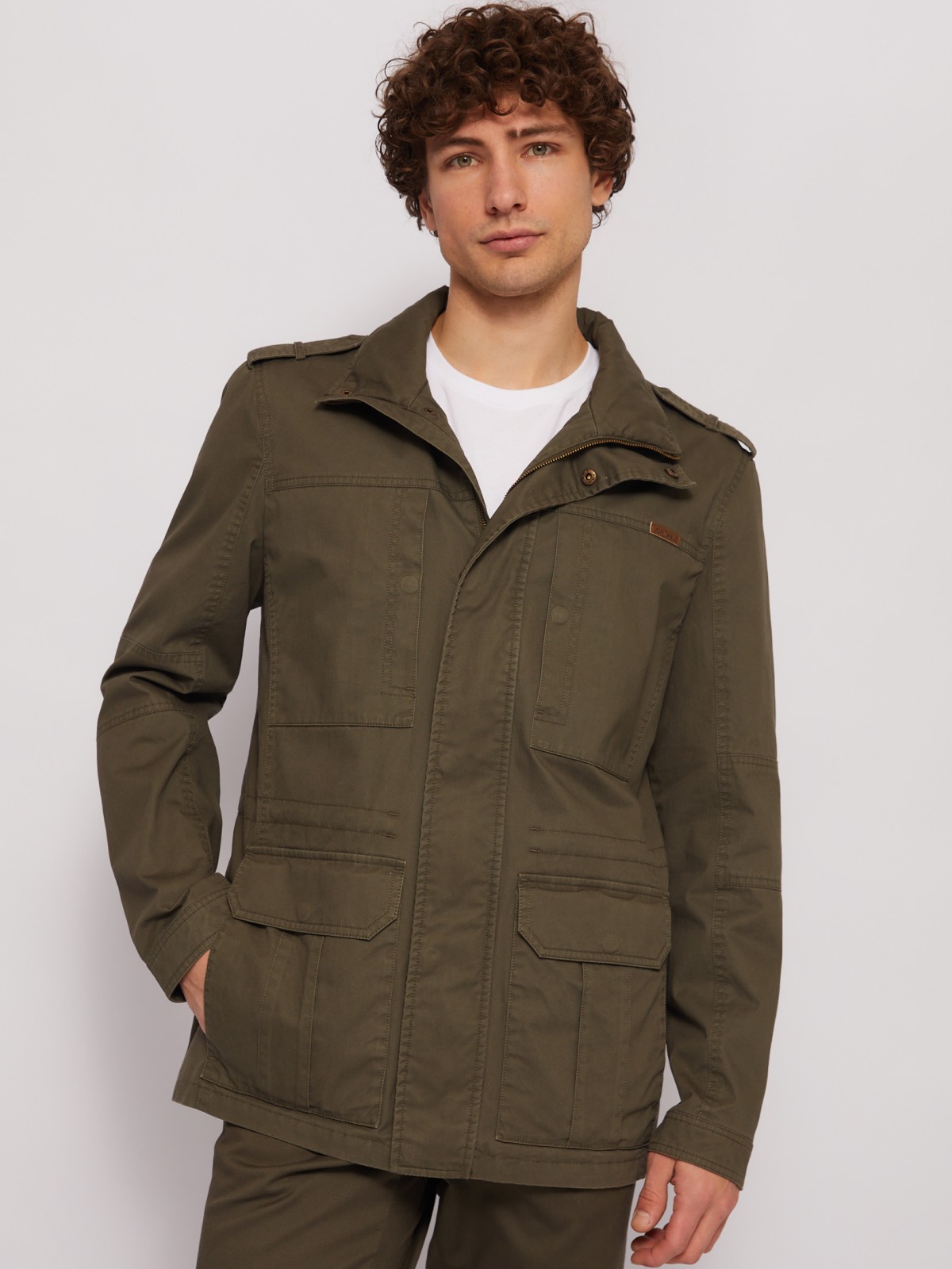 Куртка-ветровка из хлопка с воротником-стойкой zolla 014215602014, цвет хаки, размер L - фото 3