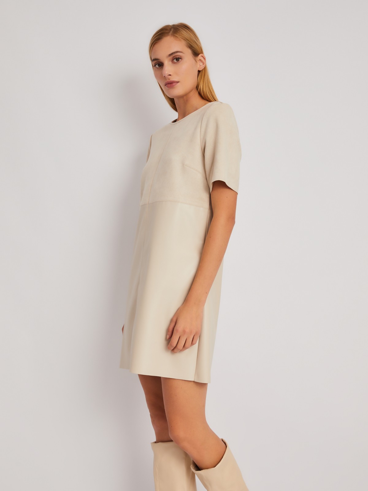 Комбинированное платье-футболка из экокожи и экозамши zolla 024118259163, цвет молоко, размер S - фото 3