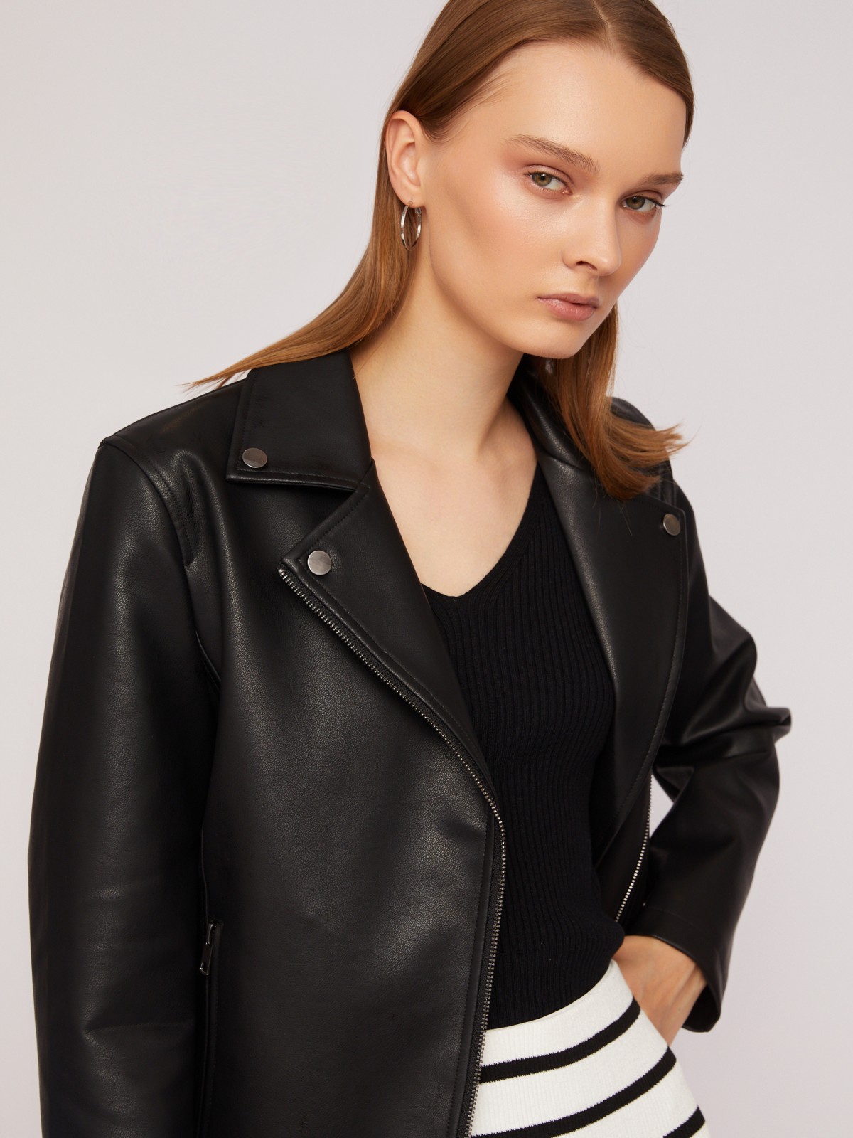 Кожаная куртка-косуха из экокожи zolla 024215602034, цвет черный, размер XS - фото 3
