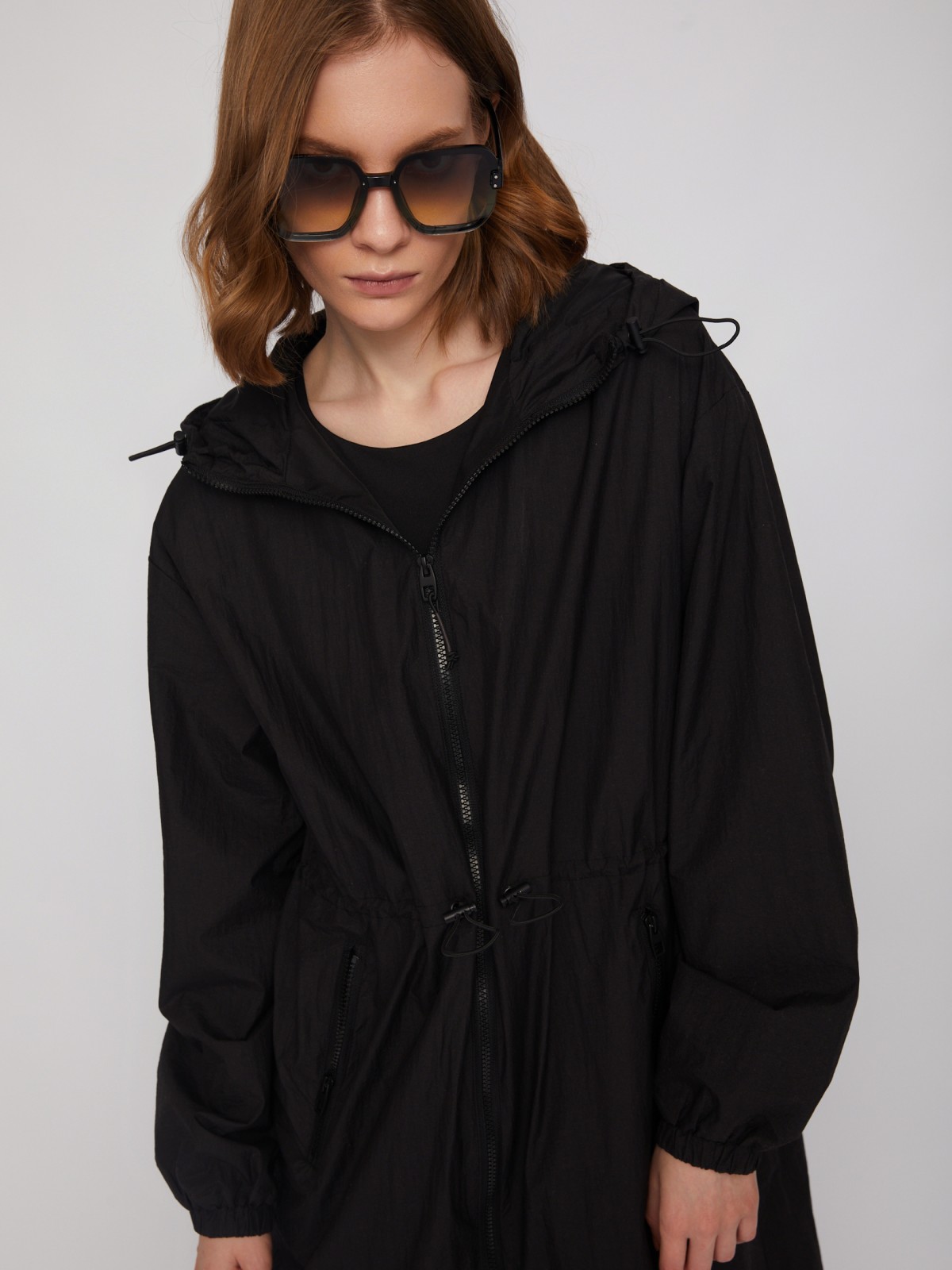 Длинная куртка-парка с капюшоном и кулиской zolla 024215702084, цвет черный, размер XL - фото 4