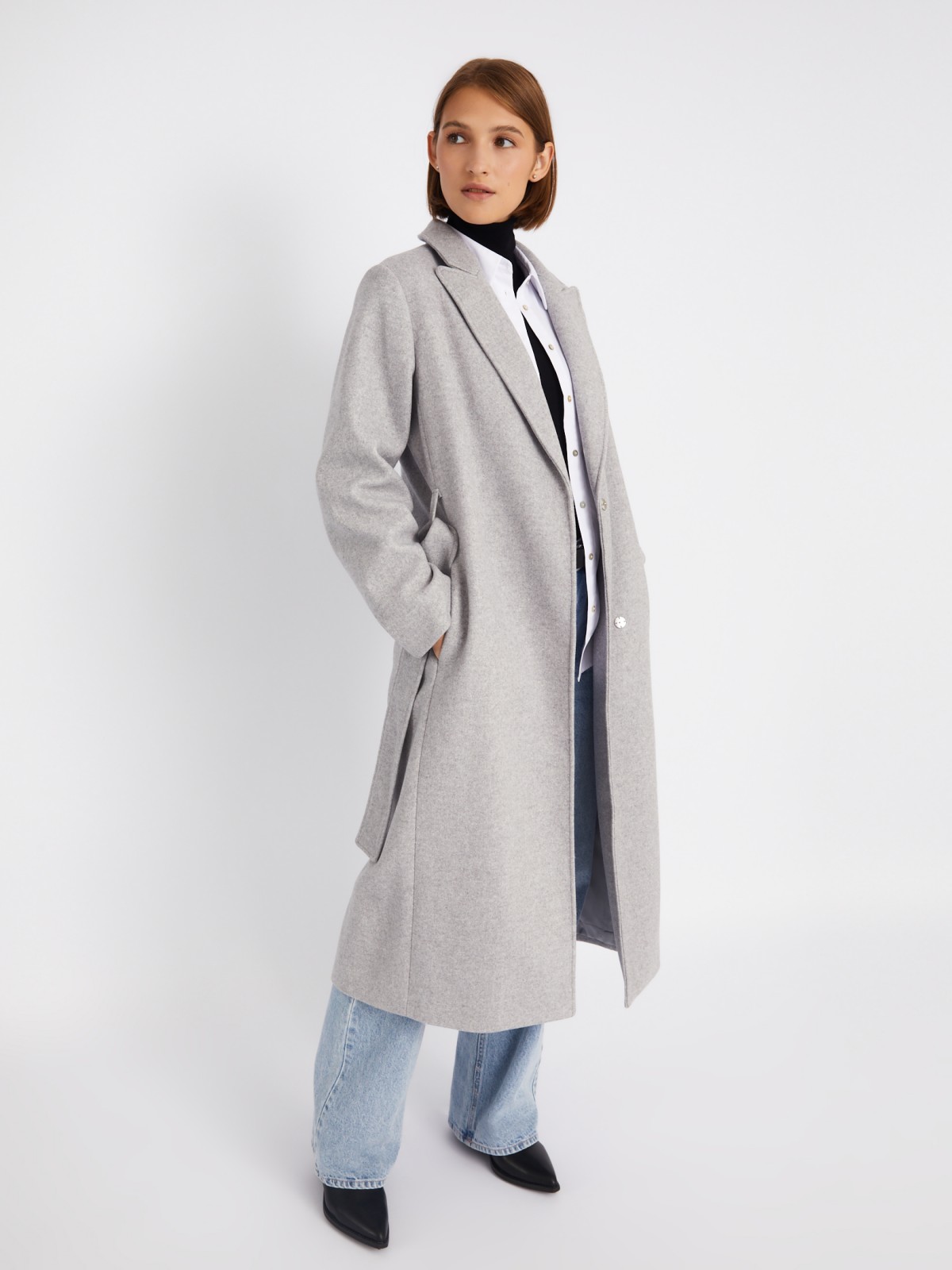 Длинное пальто без утеплителя на кнопках с поясом zolla 023335866084, цвет серый, размер XS - фото 4