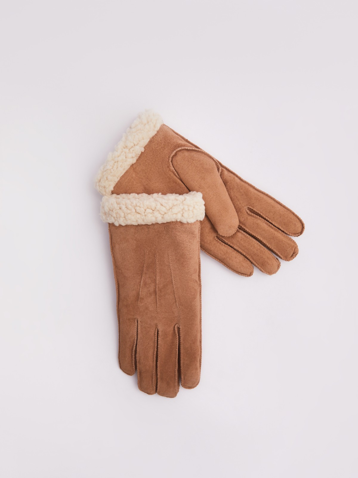 Тёплые замшевые перчатки с экомехом zolla 223429662015, цвет бежевый, размер S/M - фото 1