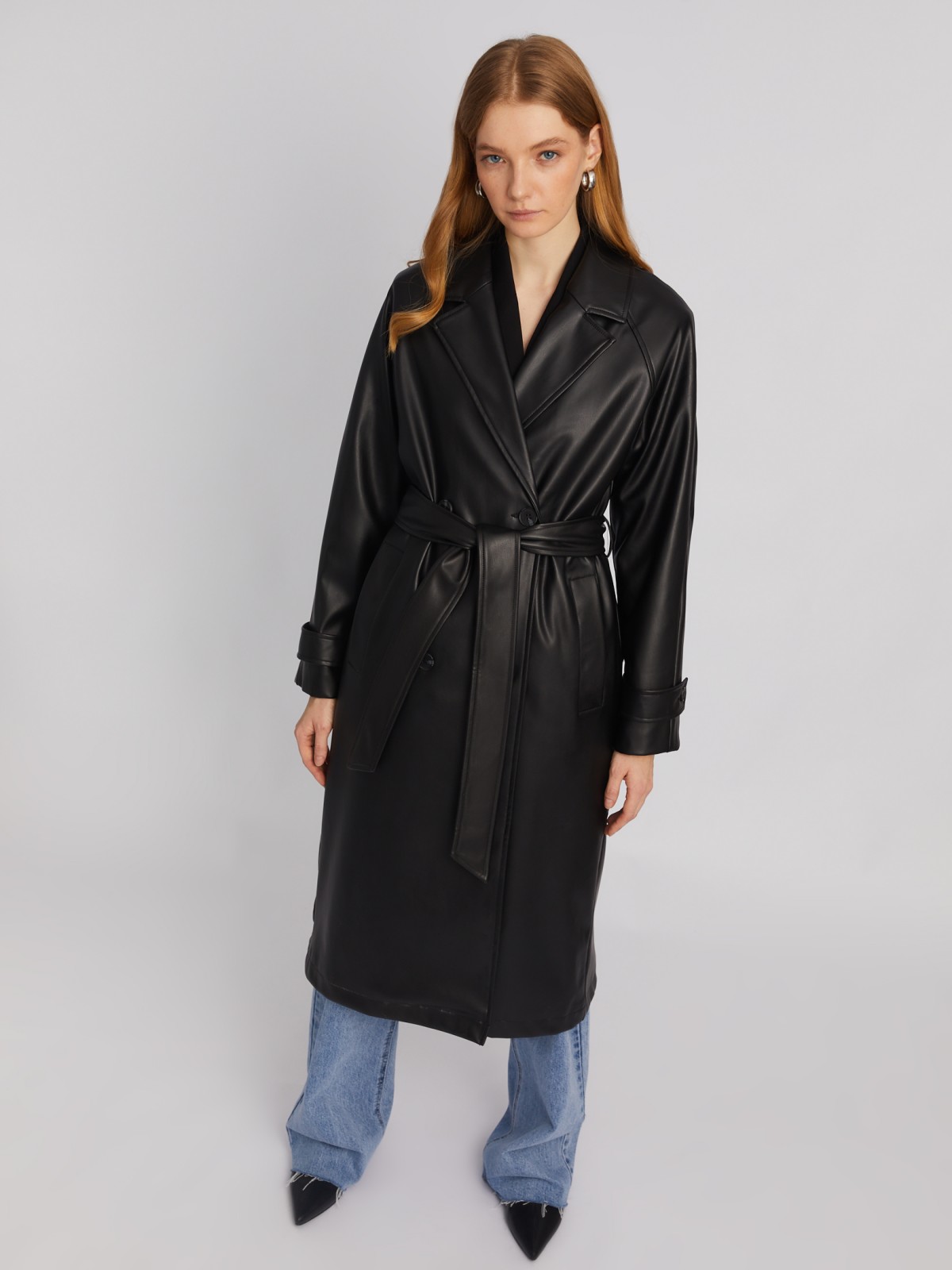 Длинное пальто-тренч из экокожи с рукавами реглан и поясом zolla 024135707024, цвет черный, размер XS - фото 3