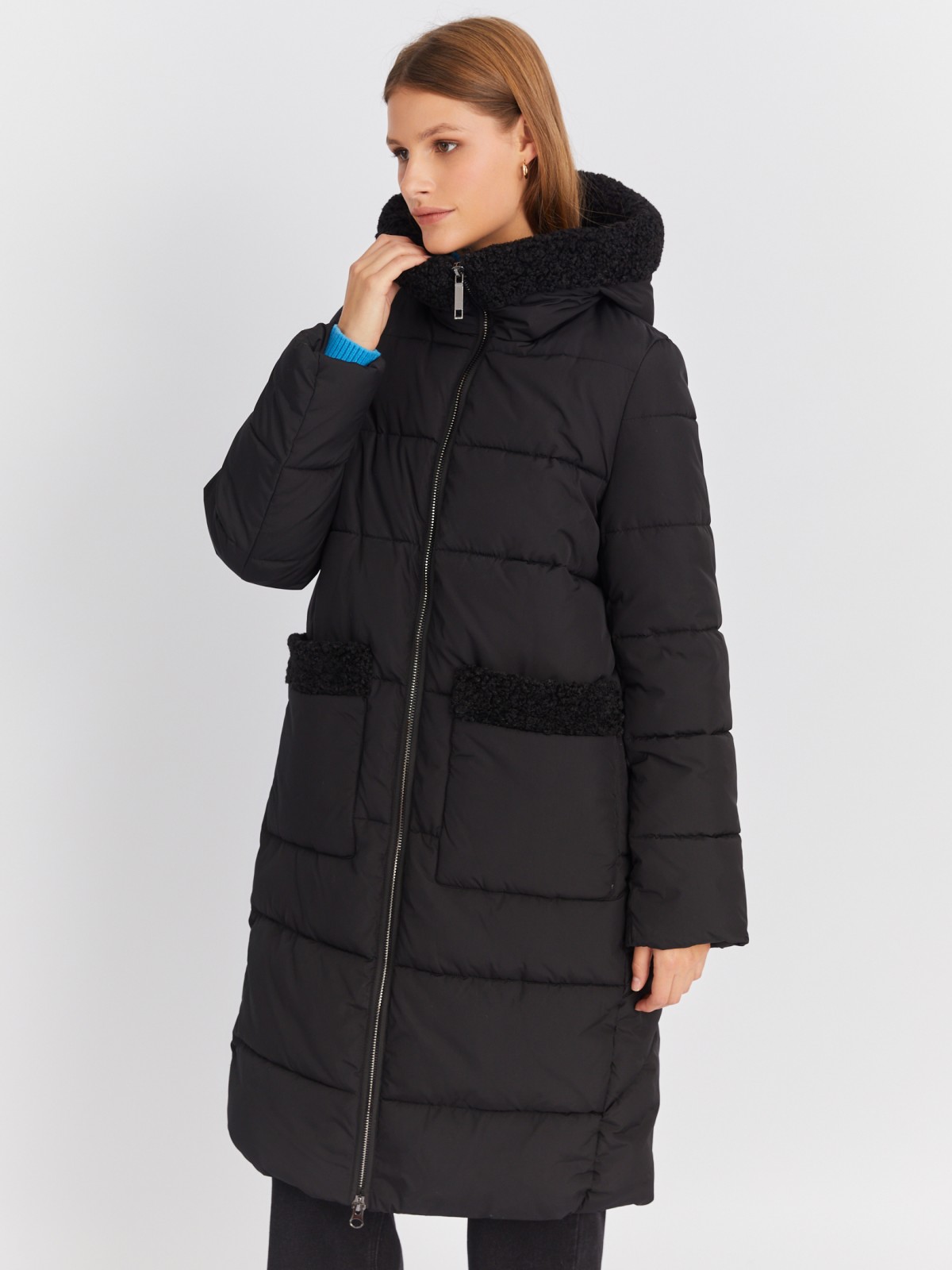 Тёплая куртка-пальто с капюшоном и отделкой из экомеха zolla 022425276044, цвет черный, размер M - фото 4
