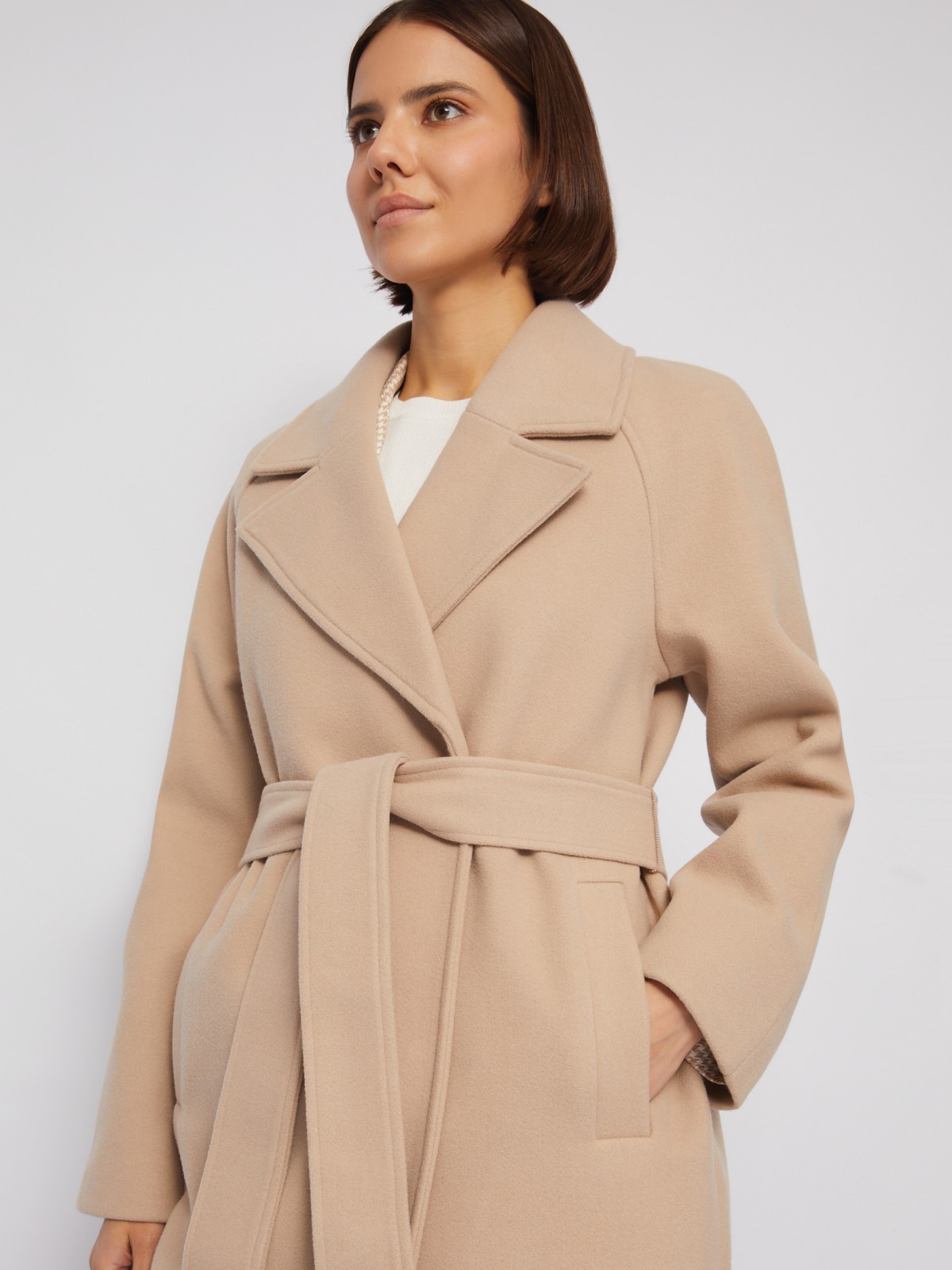 Длинное пальто без утеплителя с рукавами реглан и поясом zolla 024125857014, цвет бежевый, размер XS - фото 3