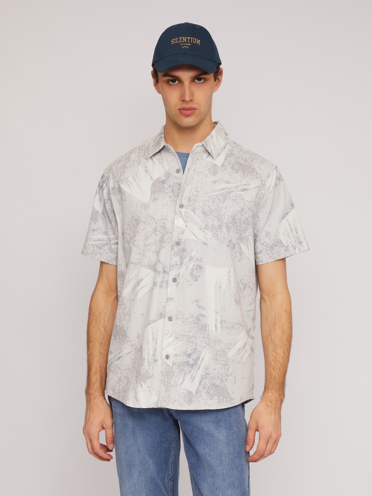 Рубашка из хлопка с принтом и с коротким рукавом zolla 014232291091, цвет светло-серый, размер M - фото 3