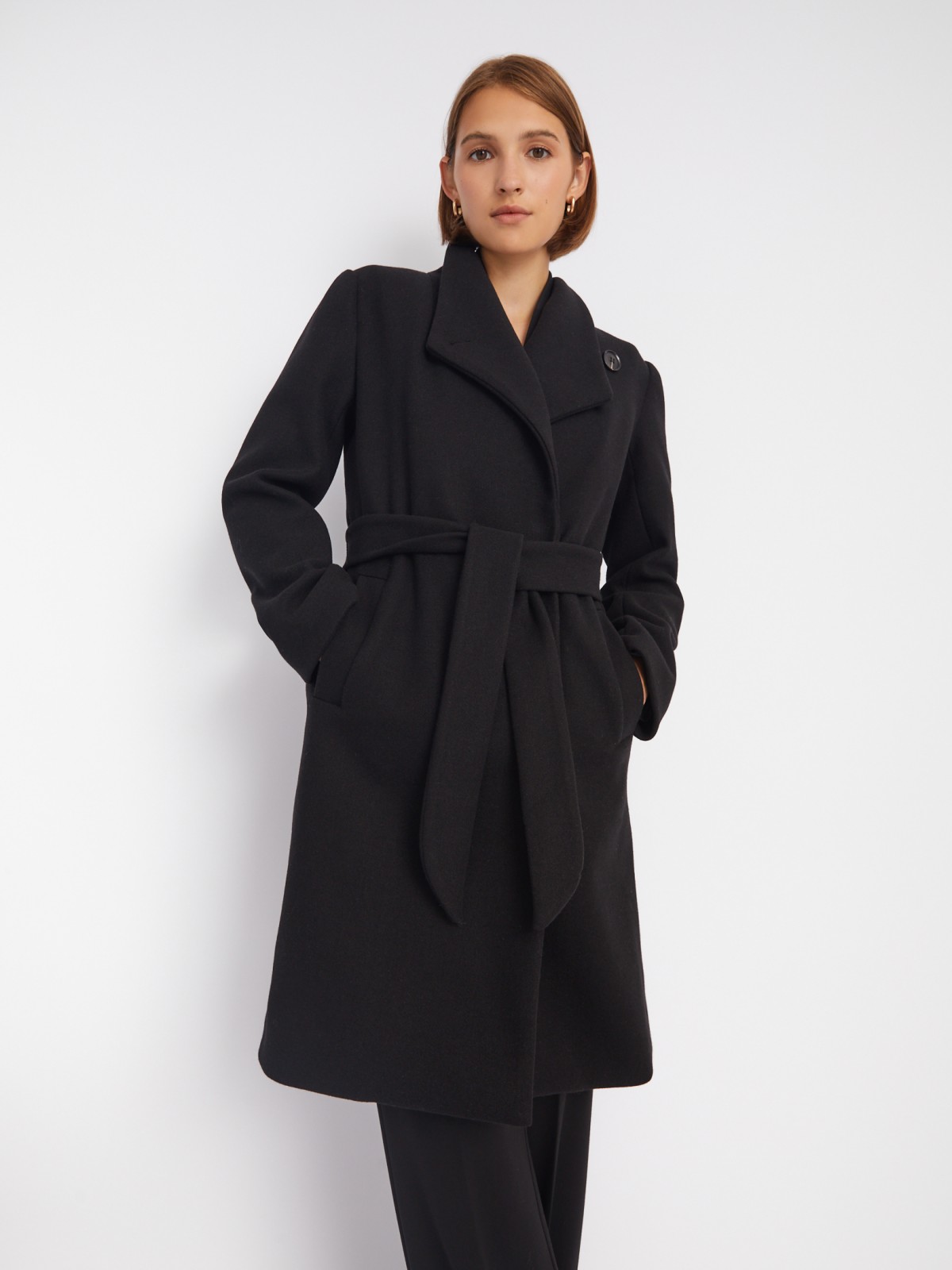 Укороченное пальто без утеплителя на кнопках с воротником на запах и поясом zolla 023335866124, цвет черный, размер S - фото 3
