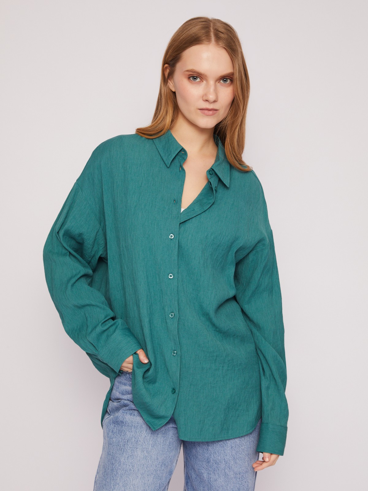 Рубашка оверсайз силуэта с длинным рукавом zolla 02421117Y022, цвет зеленый, размер XS - фото 3