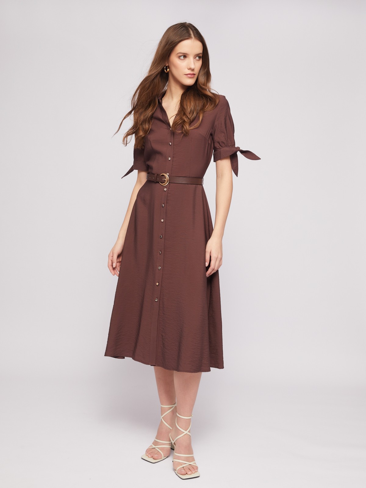 Платье-рубашка длины миди с акцентом на рукавах и ремнём zolla 024218240123, цвет коричневый, размер M - фото 2