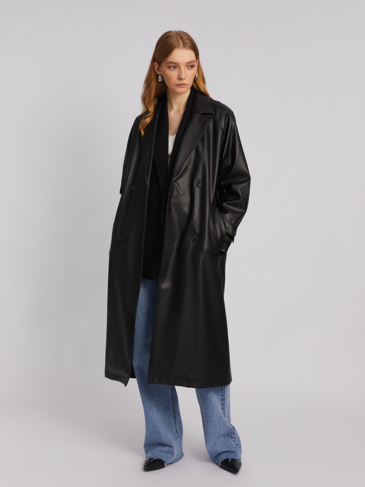 Длинное пальто-тренч из экокожи с рукавами реглан и поясом zolla 024135707024, цвет черный, размер XS - фото 2