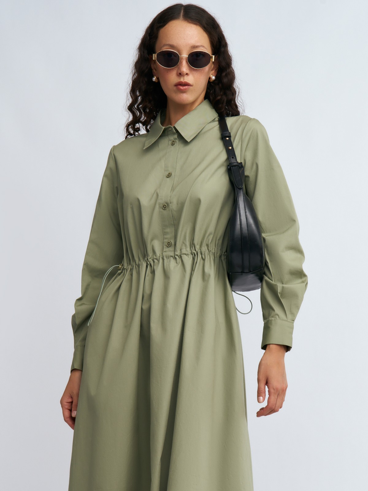 Платье-рубашка миди из хлопка с кулиской