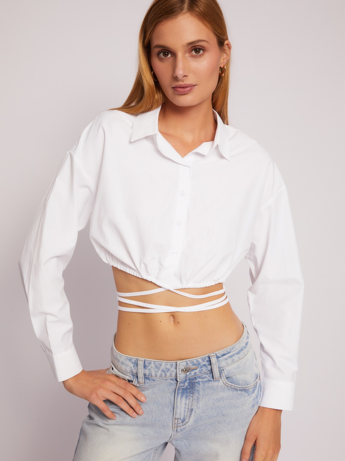 Укороченная блузка-рубашка с завязками zolla 02423118Y043, цвет белый, размер S