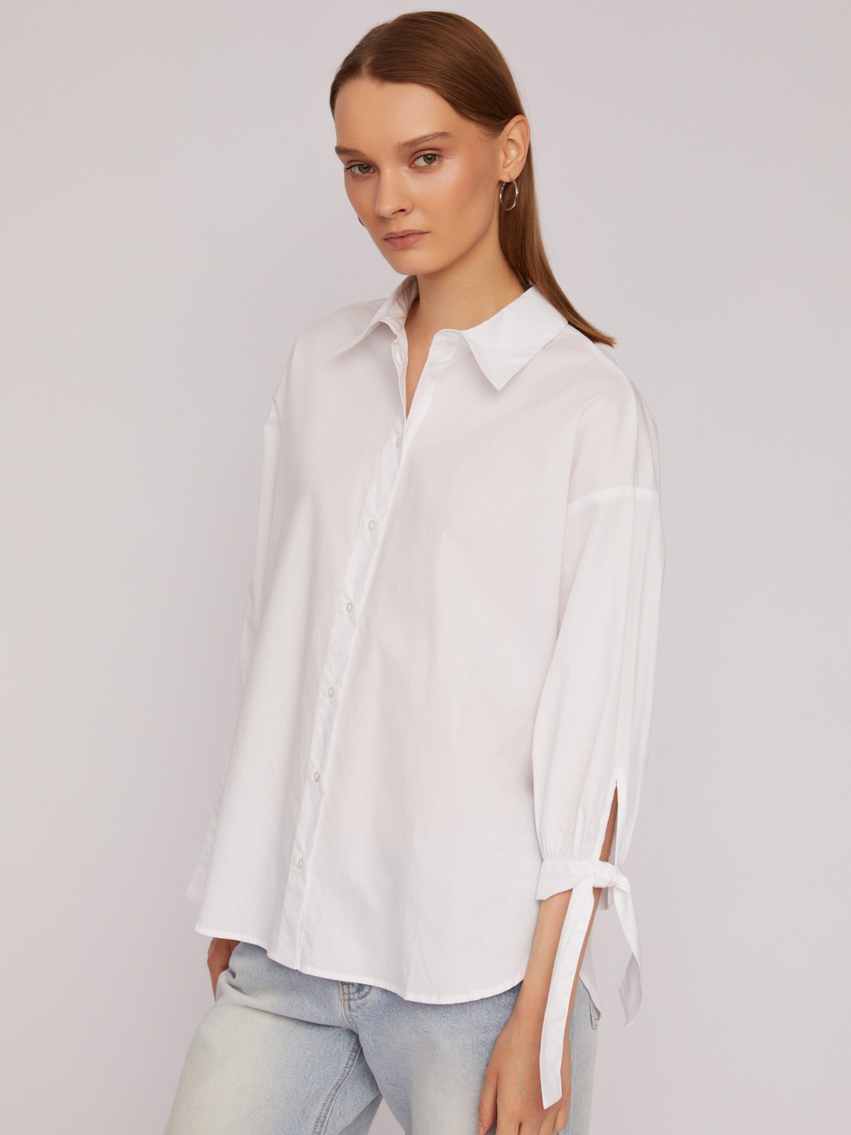 Рубашка из хлопка оверсайз силуэта с акцентными манжетами zolla 024211159033, цвет белый, размер XS