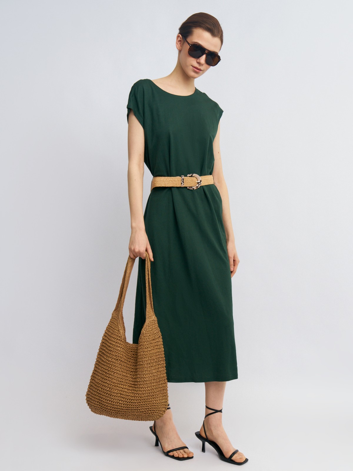 Платье миди без рукавов с ремнём