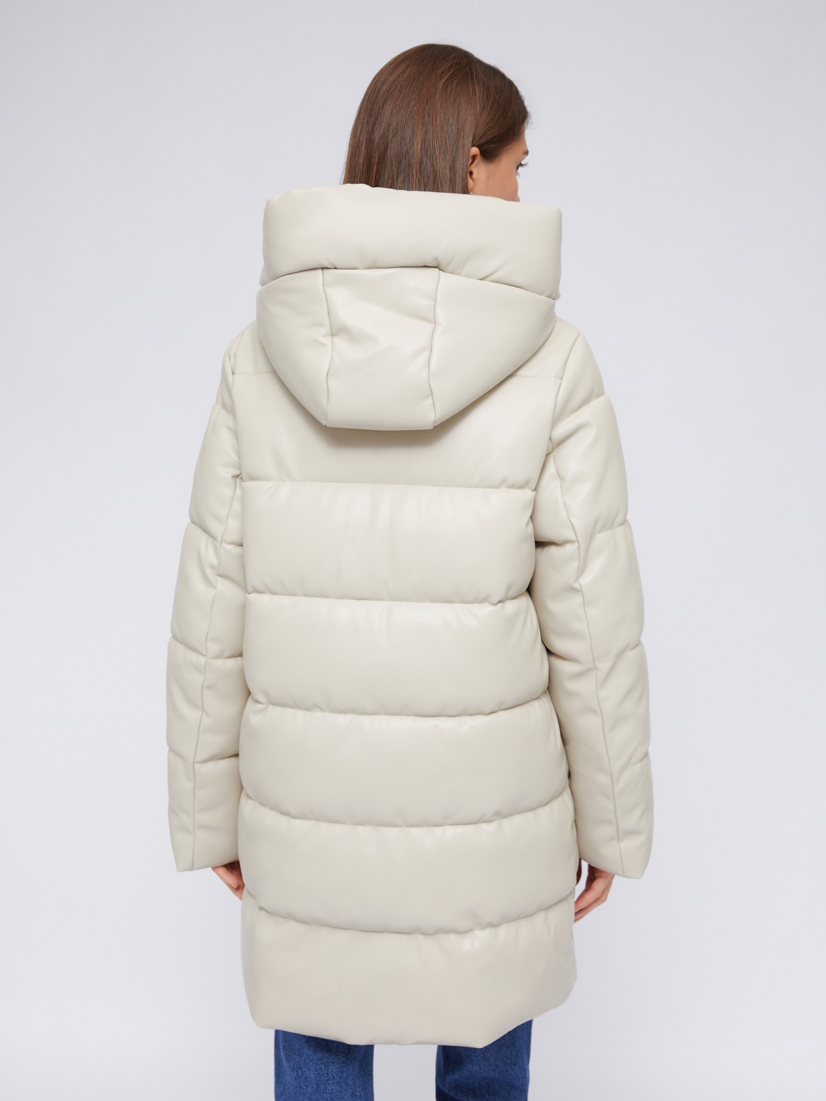 Тёплая стёганая куртка-пальто из экокожи с капюшоном