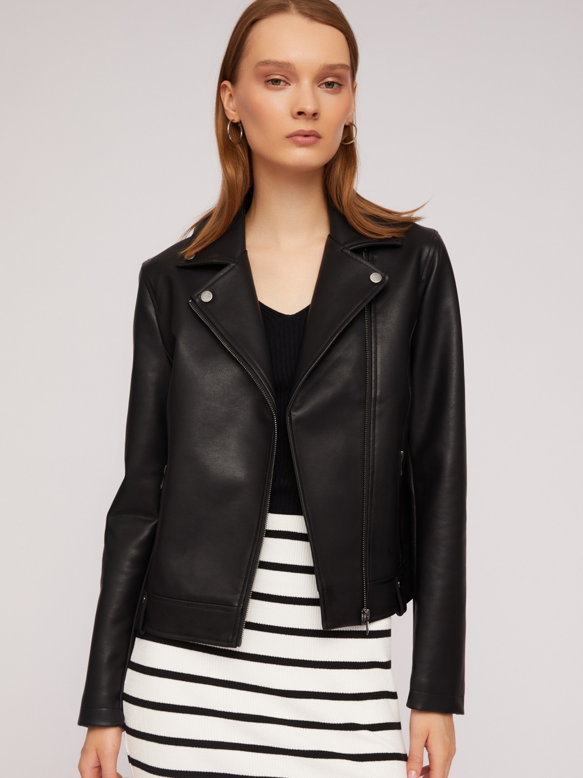 Кожаная куртка-косуха из экокожи zolla 024215602034, цвет черный, размер XS - фото 2