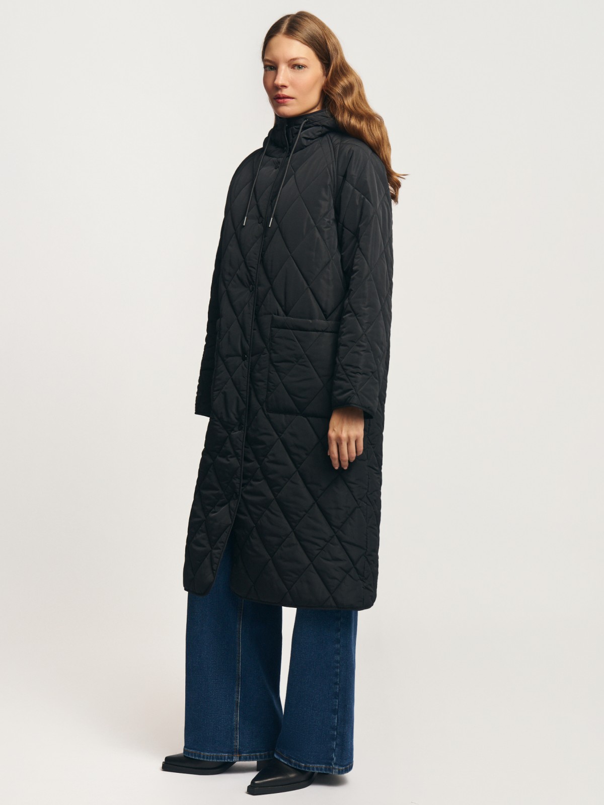 Длинная куртка-пальто на синтепоне с капюшоном