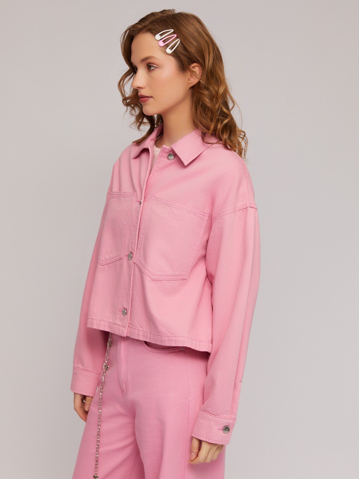Джинсовая укороченная куртка оверсайз zolla 024235D4S063, цвет розовый, размер S - фото 3