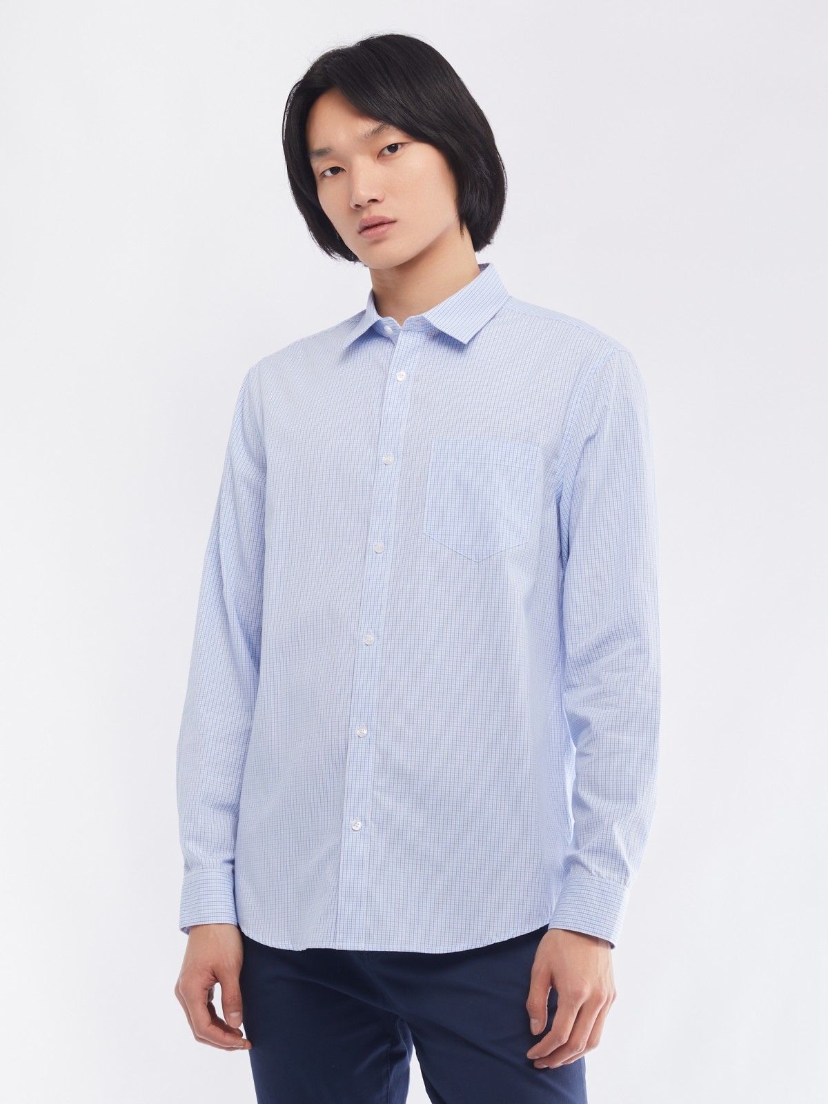 Офисная рубашка прямого силуэта с узором в клетку zolla 014112159062, цвет светло-голубой, размер M - фото 3
