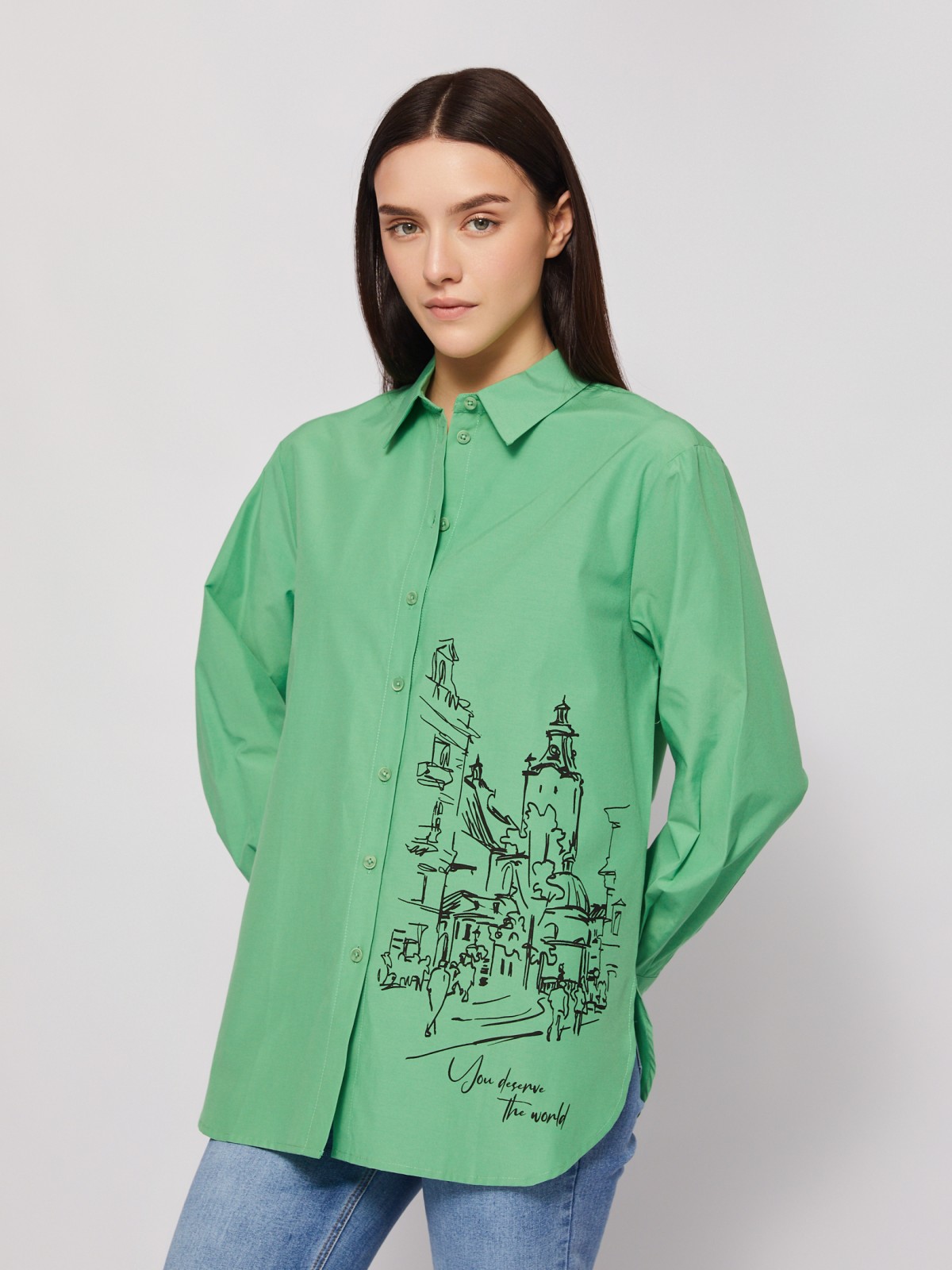 Рубашка прямого фасона с принтом zolla 024221159313, цвет зеленый, размер M - фото 1