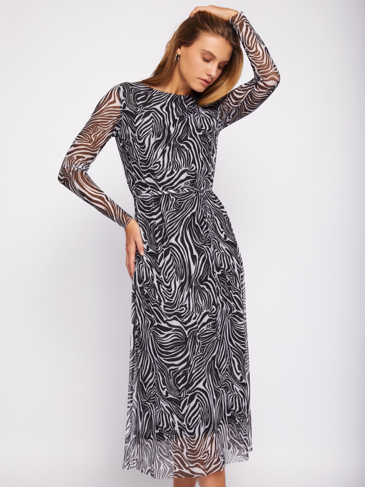 Платье длины миди из сетки с принтом зебра и поясом zolla N24218139011, цвет черный, размер M