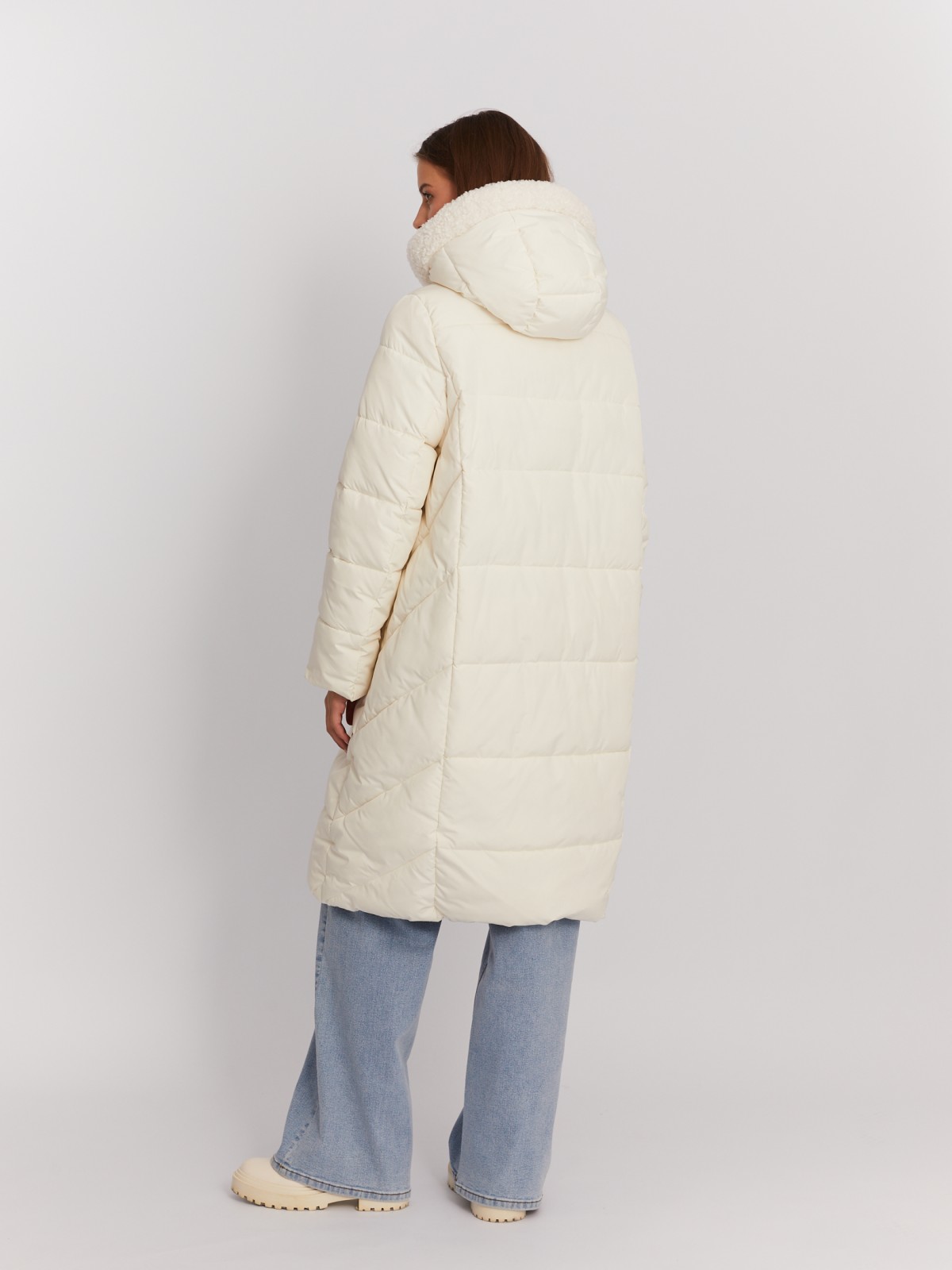 Тёплая куртка-пальто с капюшоном и отделкой из экомеха zolla 022425276044, цвет молоко, размер M - фото 6