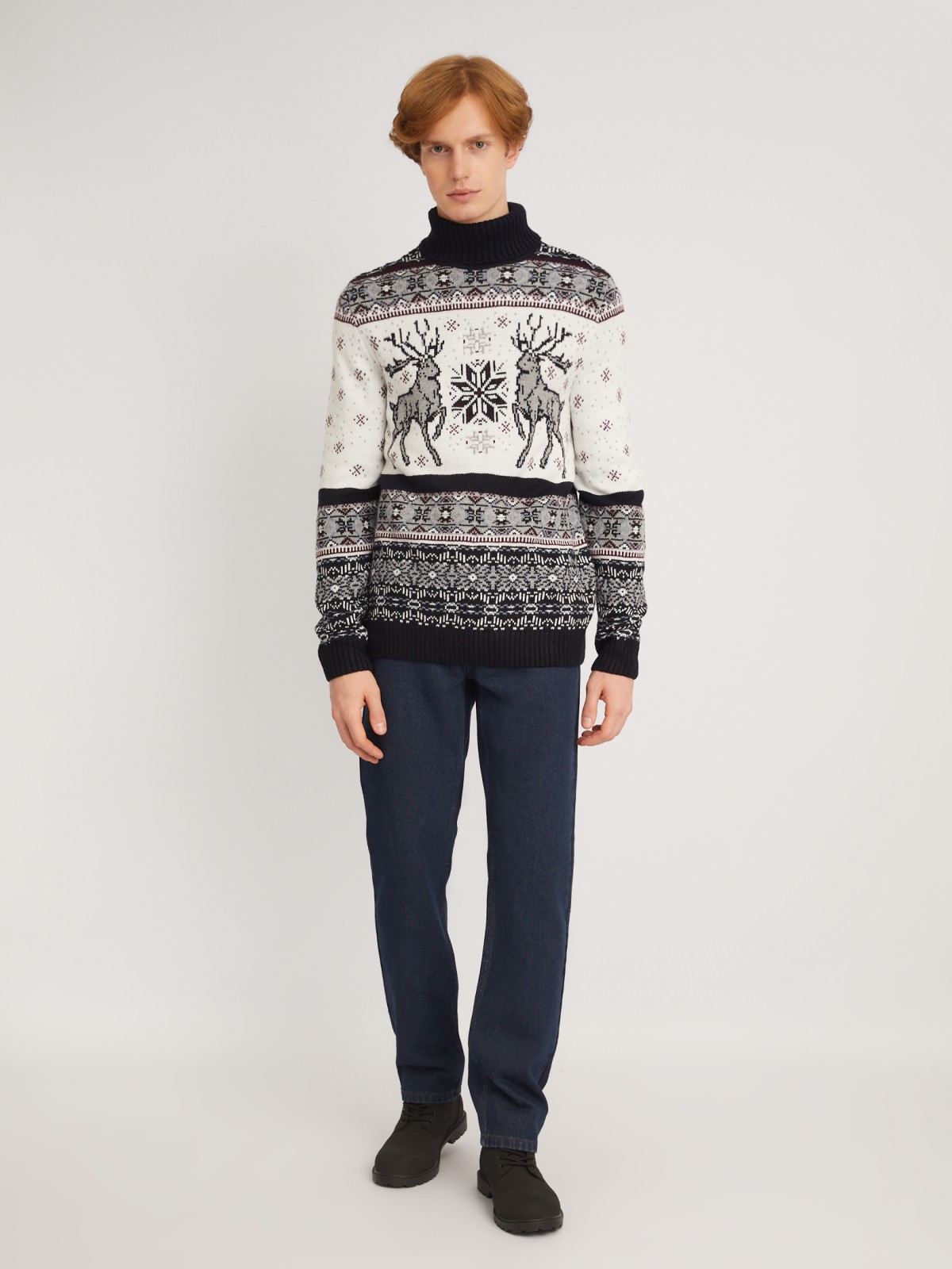Вязаный свитер из акрила со скандинавским узором с оленями zolla 013446101083, цвет синий, размер M - фото 2