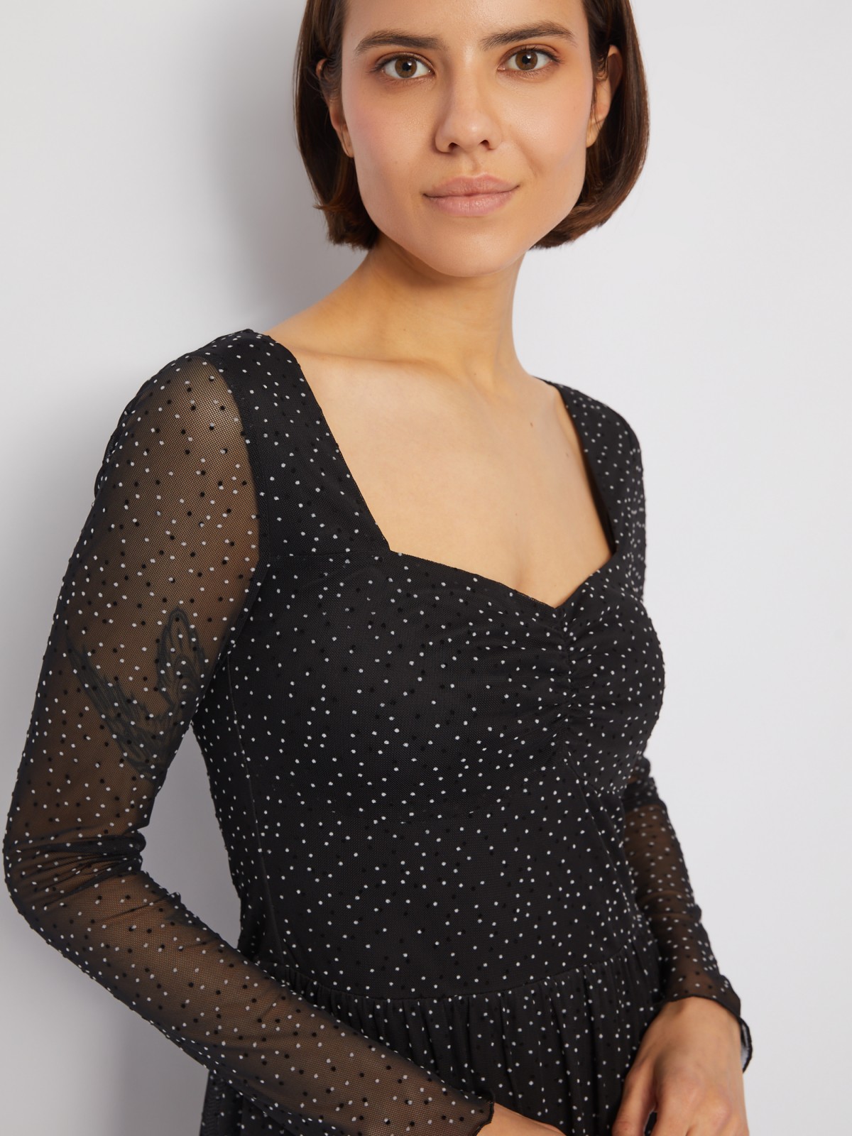 Платье мини в горошек из сетки с вырезом с драпировкой zolla 024138159021, цвет черный, размер XS - фото 4